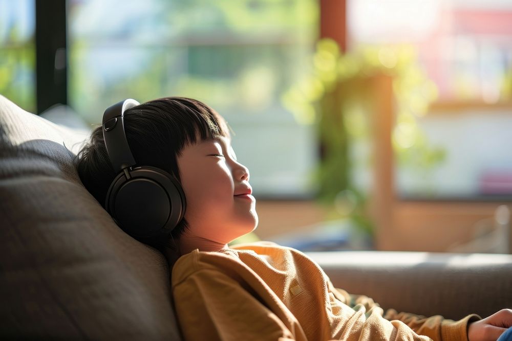Asian boy headphones living room comfortable.