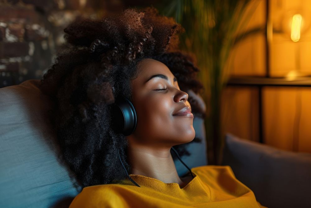 Black american woman headphones adult happy.