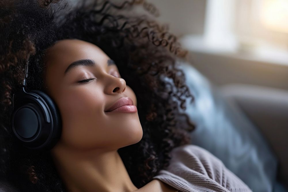 Black american girl headphones headset adult.