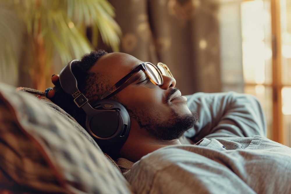Black american man headphones adult comfortable.