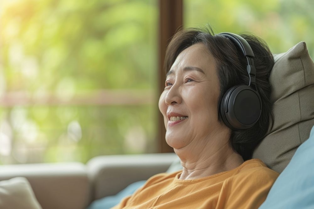 Senior asian woman headphones headset adult.
