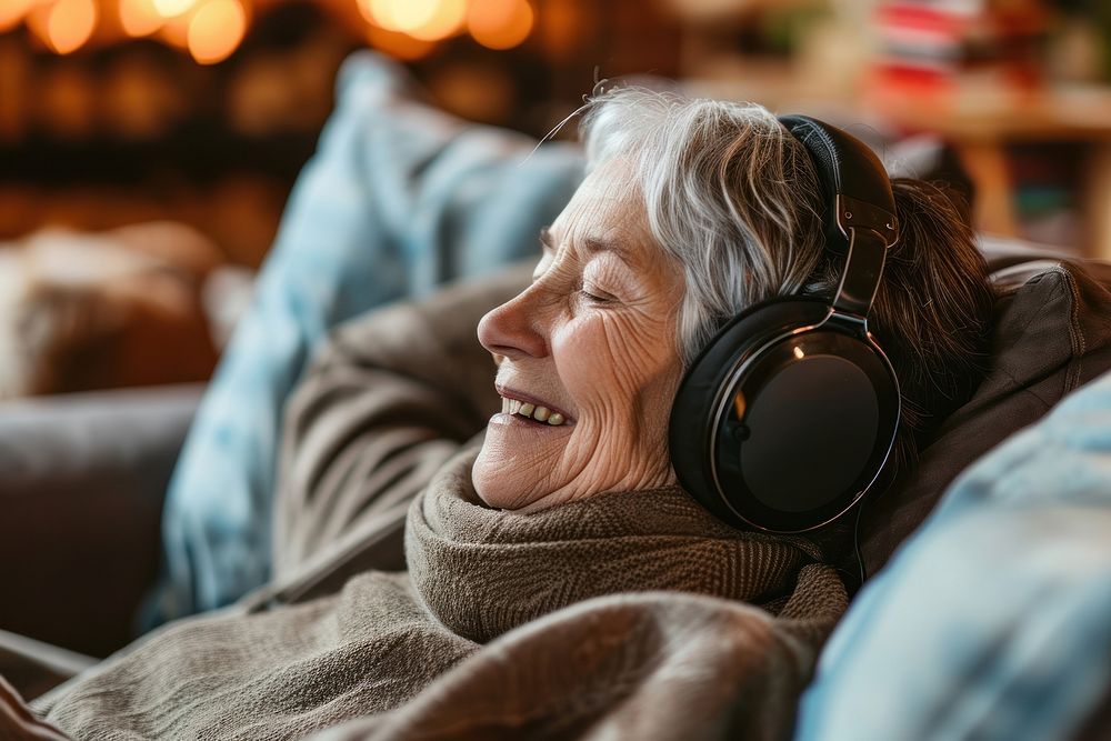 Senior british woman headphones adult happy.