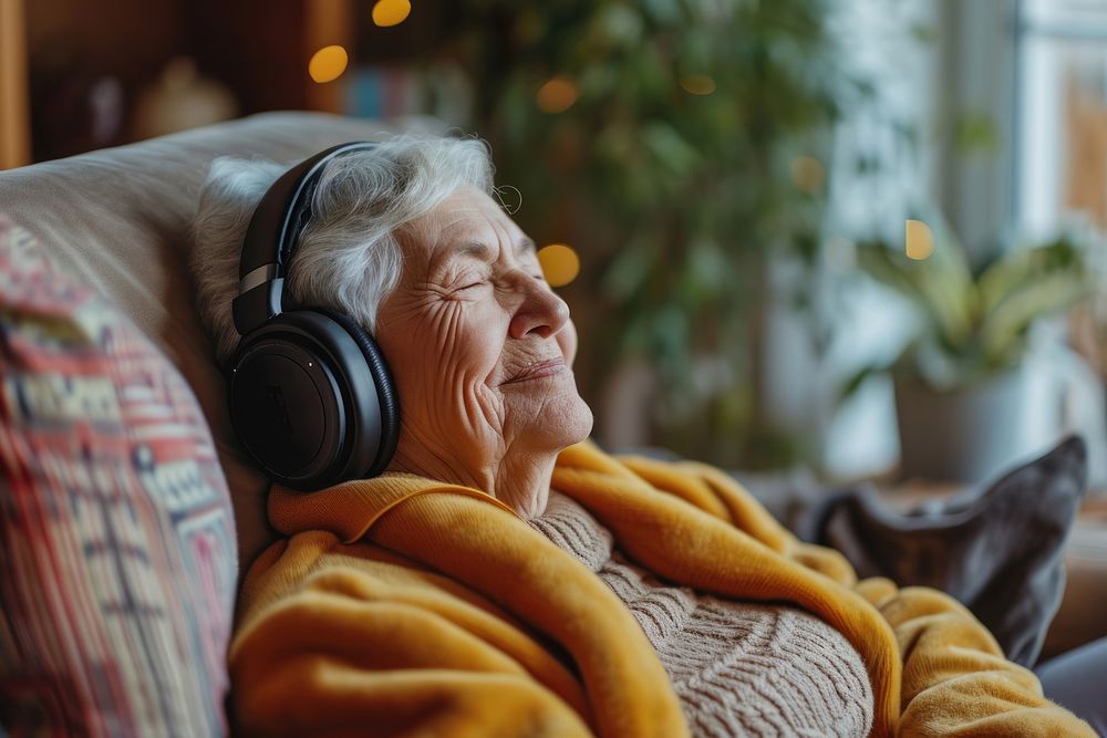 Senior british woman headphones headset adult.