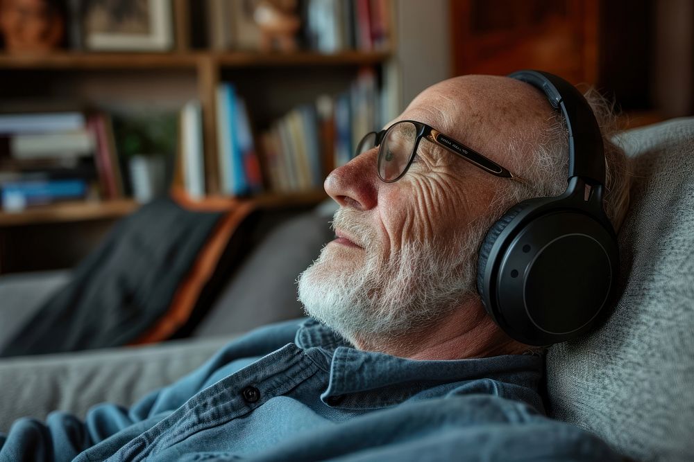 Senior british man headphones glasses headset.
