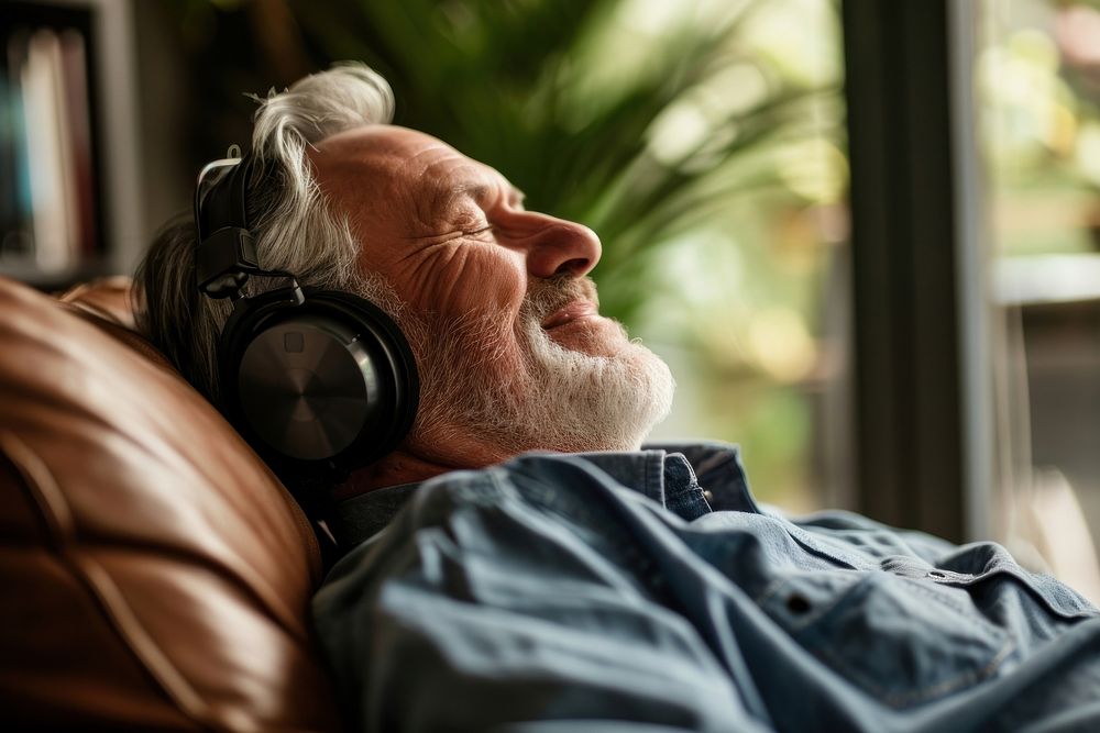 Senior british man headphones headset adult.
