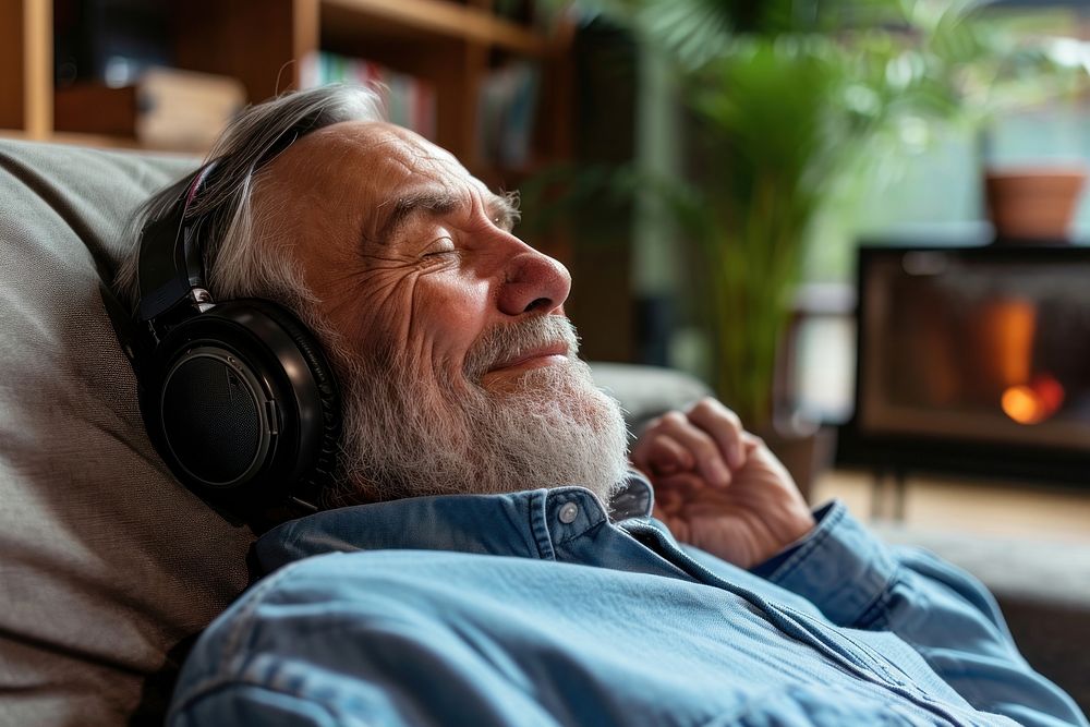 Senior british man headphones adult comfortable.