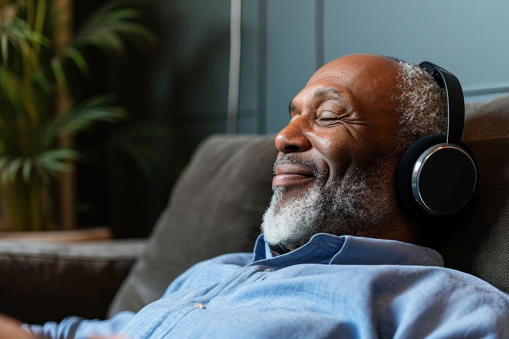 Senior mixed race man headphones headset adult.