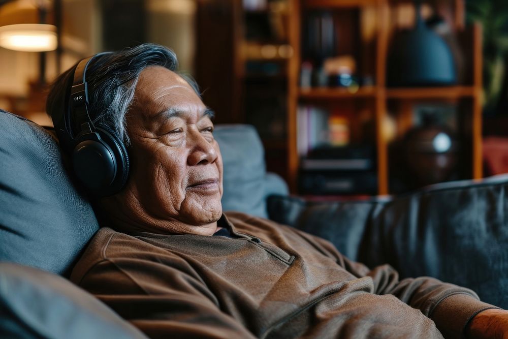 Senior philipino man headphones headset living room.