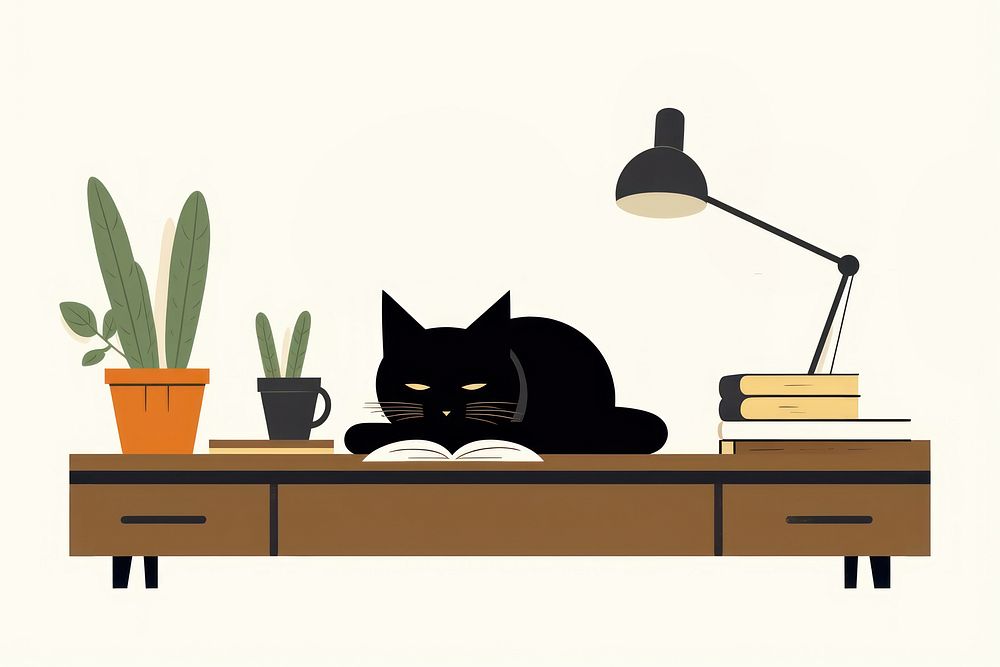 Blackcat sleeping on desk furniture mammal animal. AI generated Image by rawpixel.