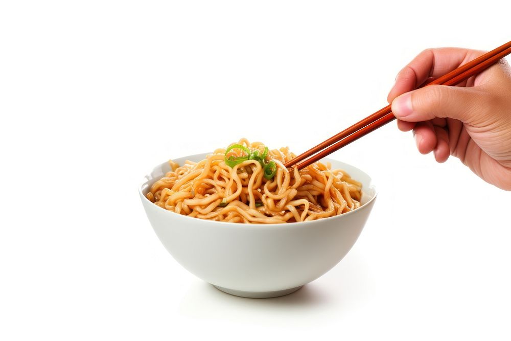 Fork instant noodles chopsticks holding food.