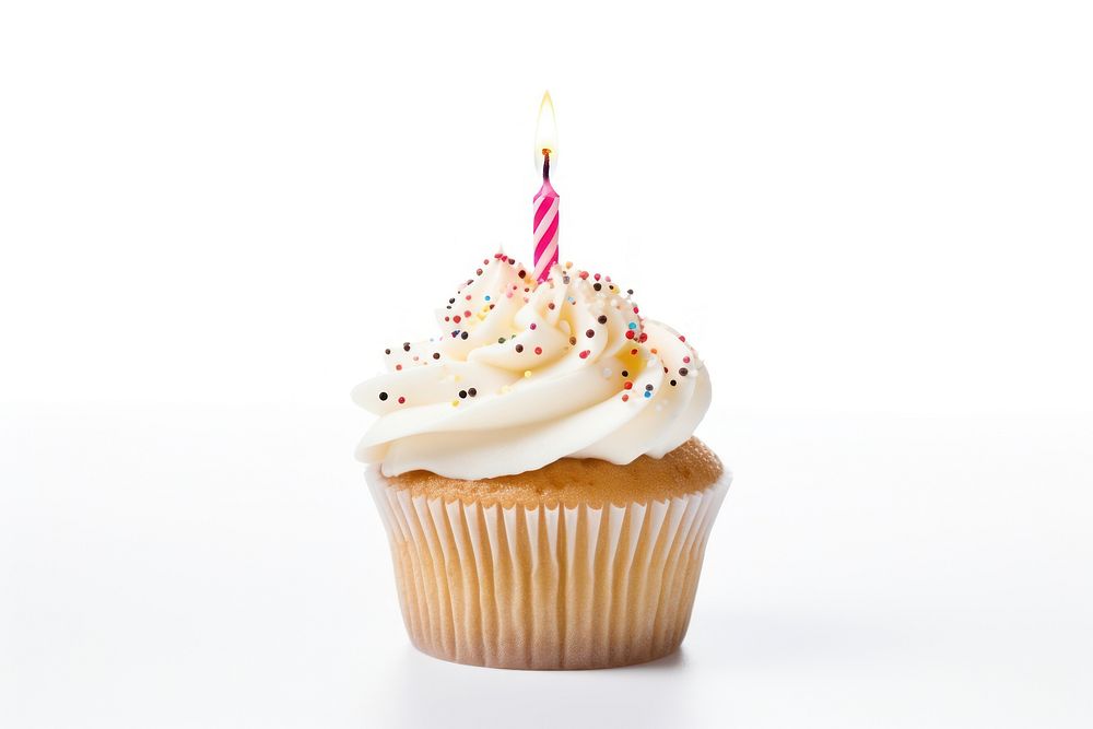Birthday cupcake with candle and sparkler dessert icing cream. AI generated Image by rawpixel.