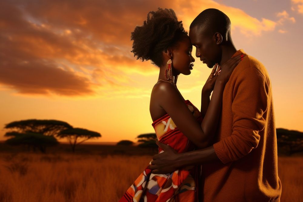 Kenya couple outdoors portrait kissing.