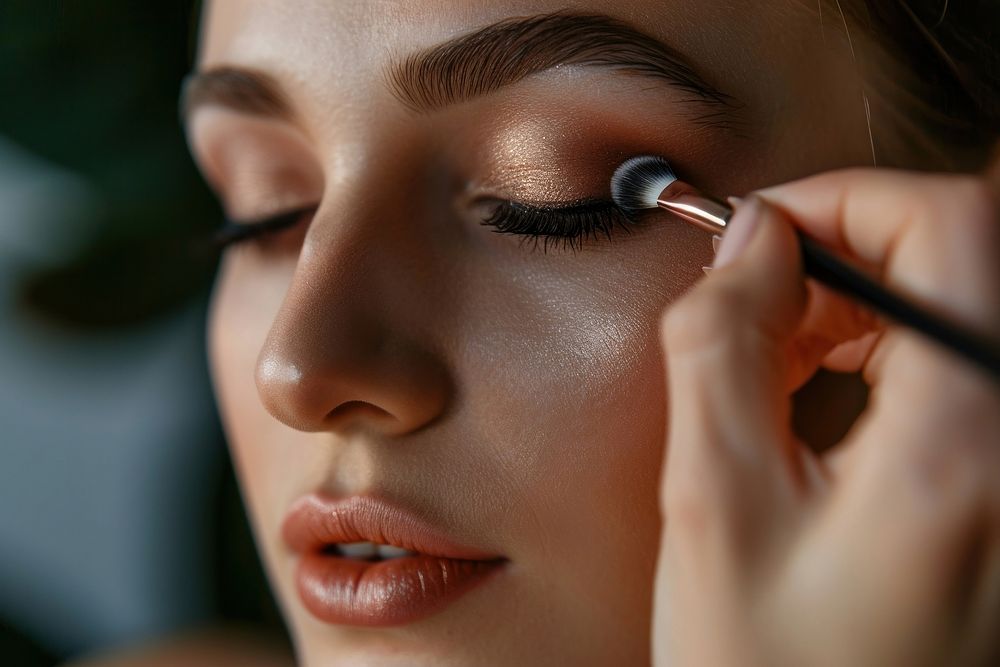 Woman close eyes with a brush using makeup cosmetics adult perfection. AI generated Image by rawpixel.