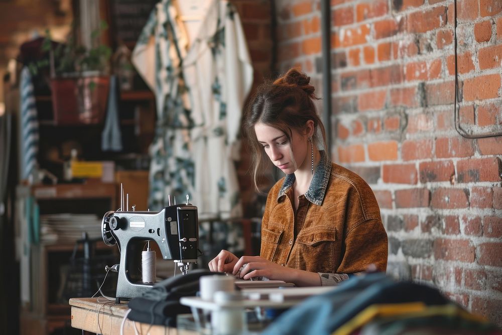 Woman fashion designer machine making sewing.