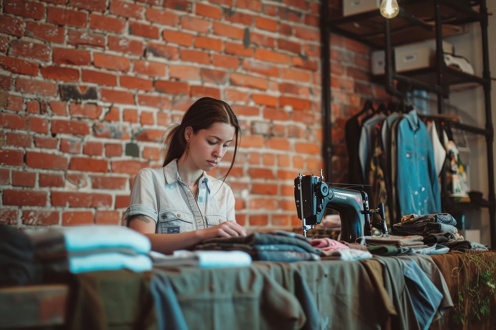 Woman fashion designer sewing machine store.