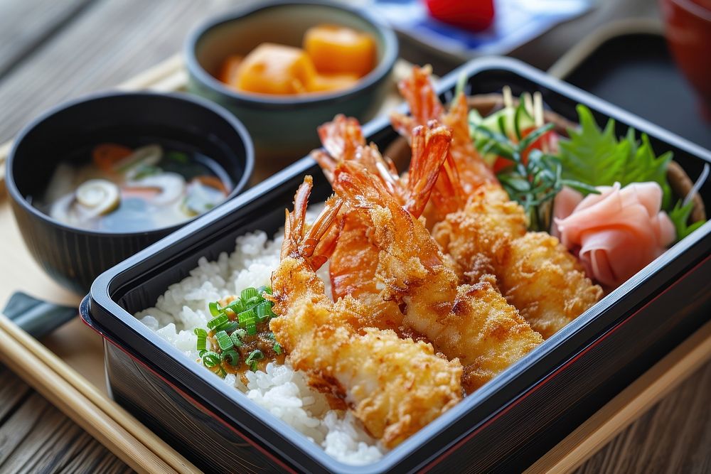 Bento food chopsticks seafood.