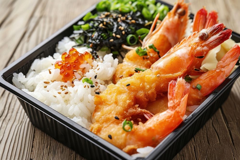 Bento food seafood shrimp.
