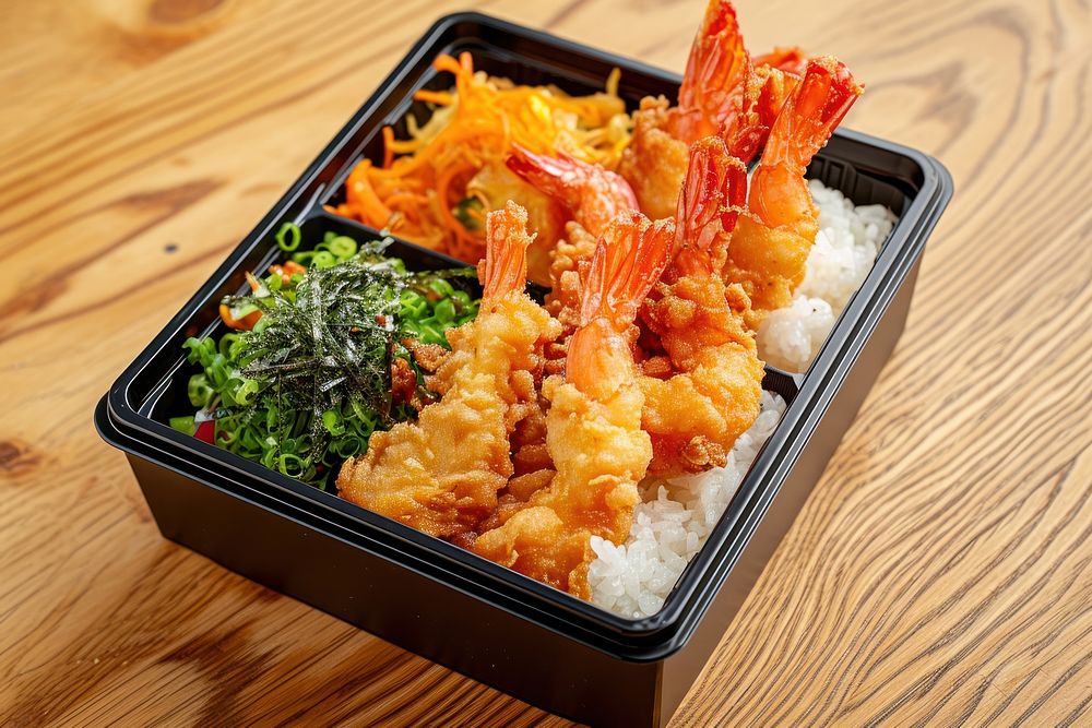 Bento food seafood shrimp.