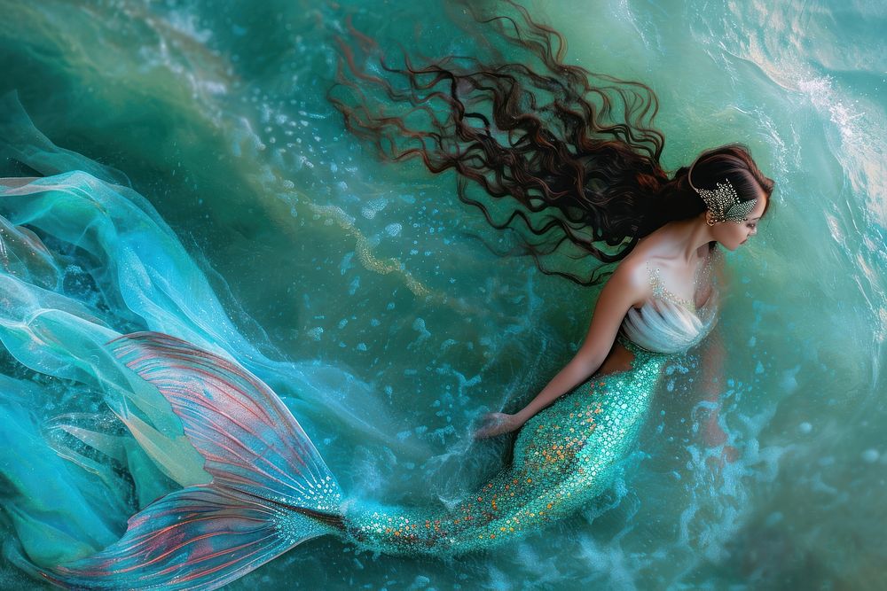 Mermaid portrait swimming outdoors.
