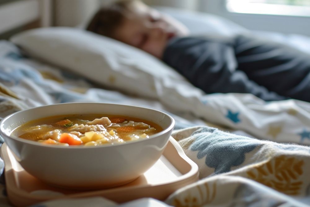 Sick kid sleeping bowl food soup.