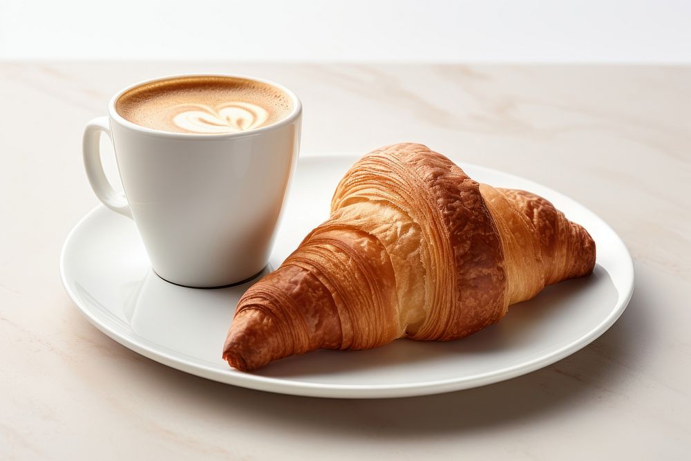 Coffee and croissant on plate breakfast bread drink.
