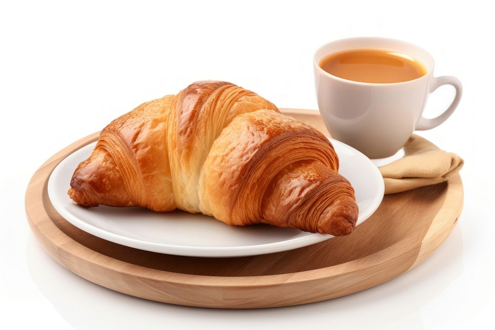 Coffee and croissant on plate breakfast bread food.