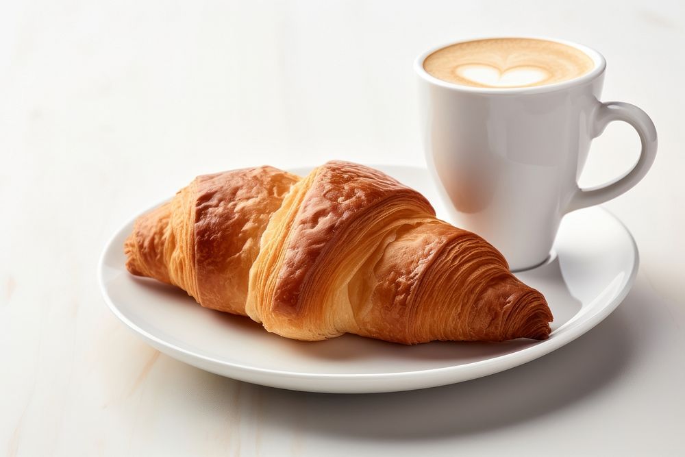 Coffee and croissant on plate breakfast bread drink.