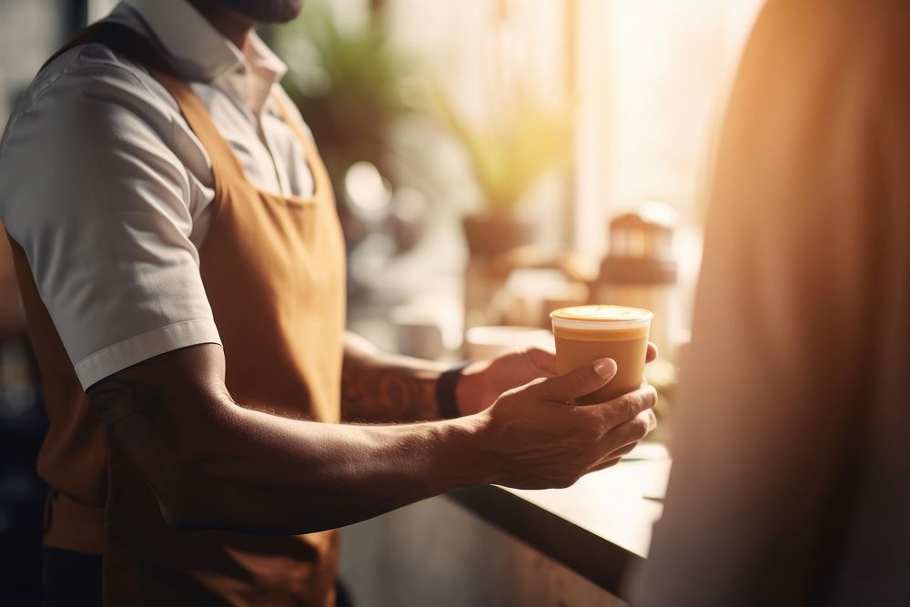 Barista handing a cup of coffee to customer cafe mug refreshment.
