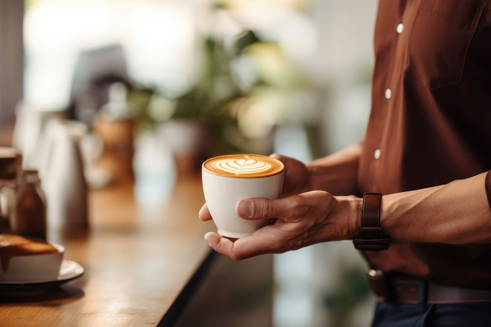Barista handing a cup of coffee to customer drink cafe mug.