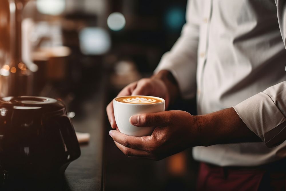 Barista handing a cup of coffee to customer drink cafe mug.