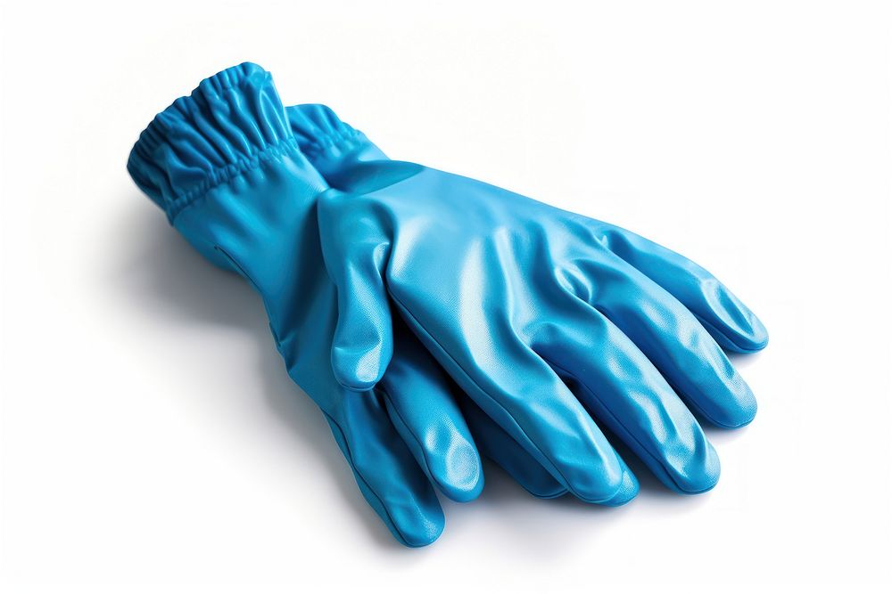 Blue cleaning gloves white background turquoise clothing.