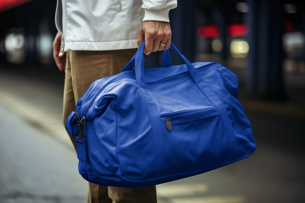 Man holding blue duffle bag