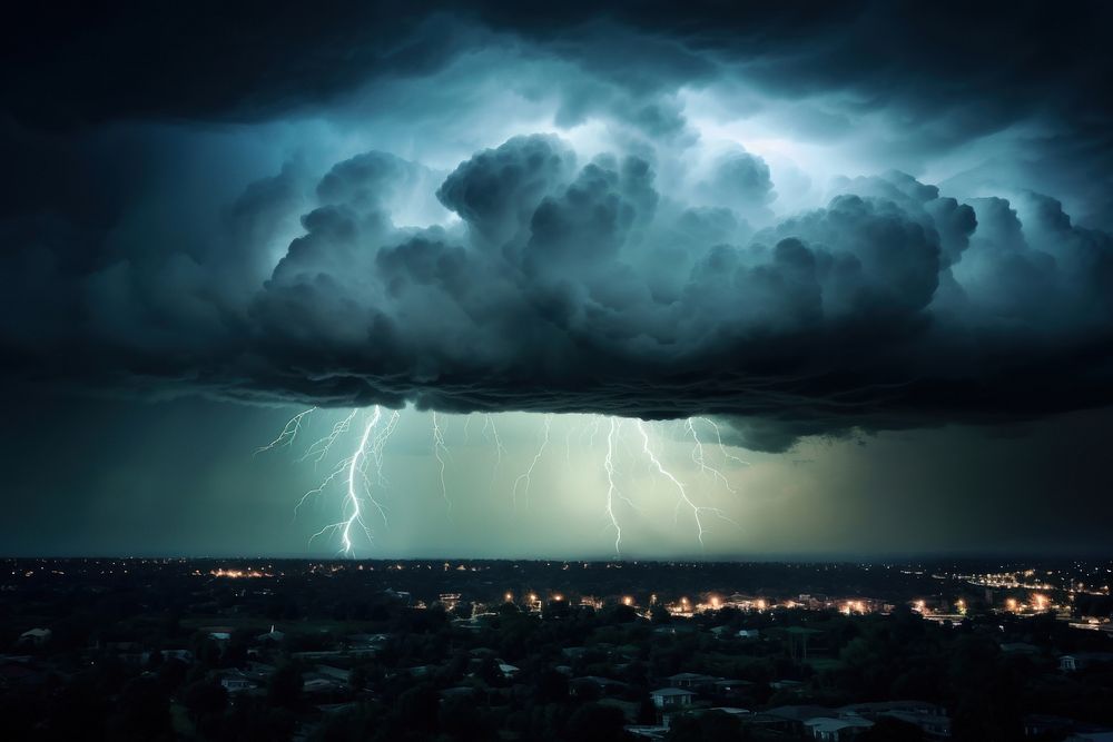 Raining storm weather thunderstorm lightning landscape. AI generated Image by rawpixel.