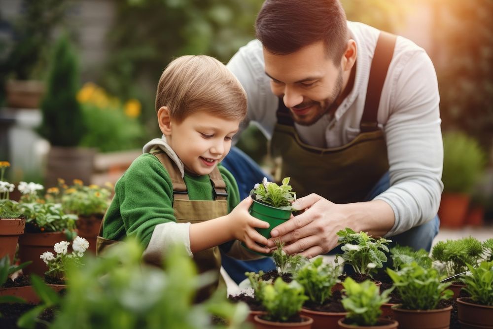 Gardener with kid gardening outdoors portrait. AI generated Image by rawpixel.