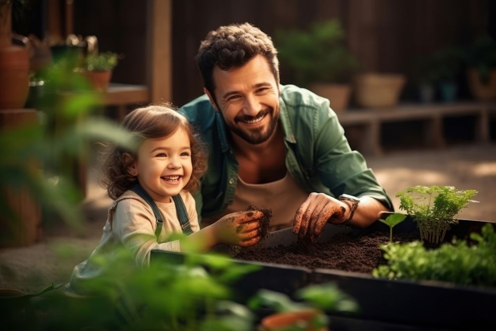 Gardener with kid gardening laughing outdoors. AI generated Image by rawpixel.