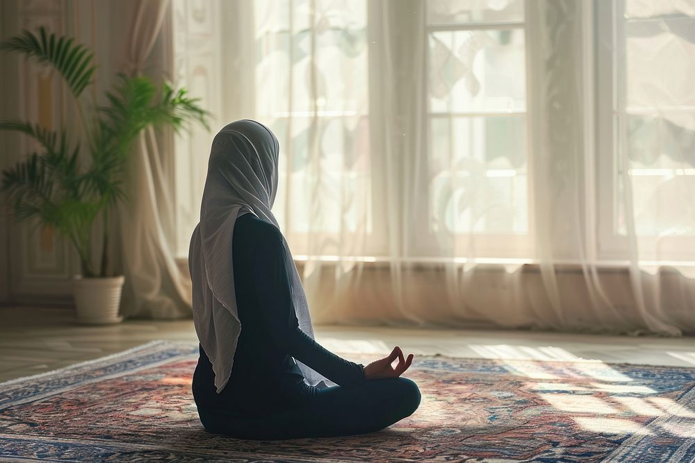 Muslim woman yoga adult contemplation.