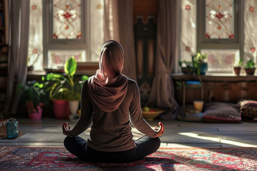 Muslim woman yoga adult cross-legged.