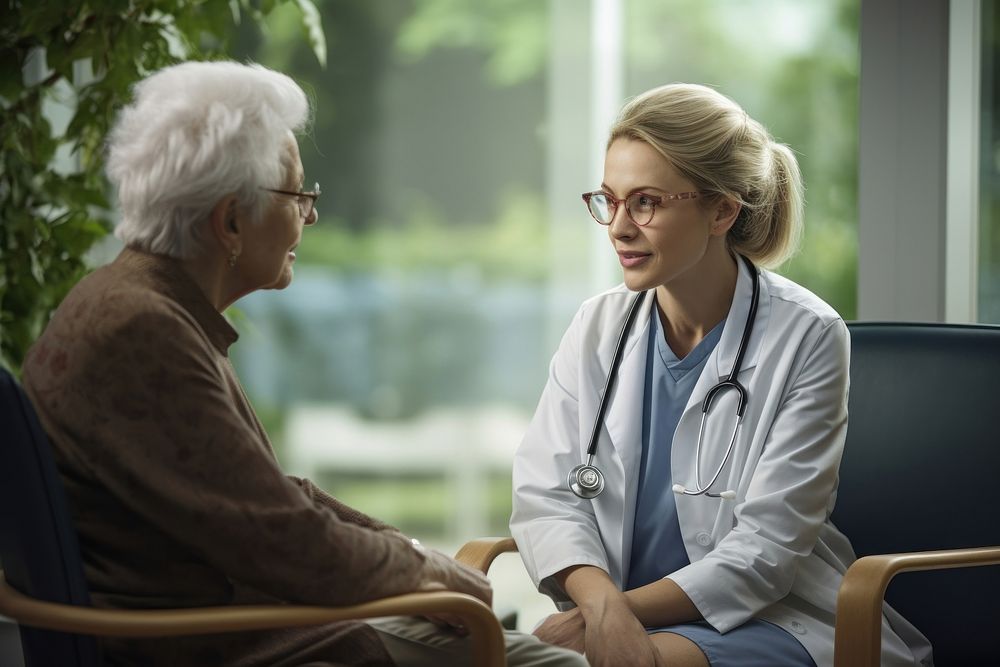 Doctor patient talking glasses.