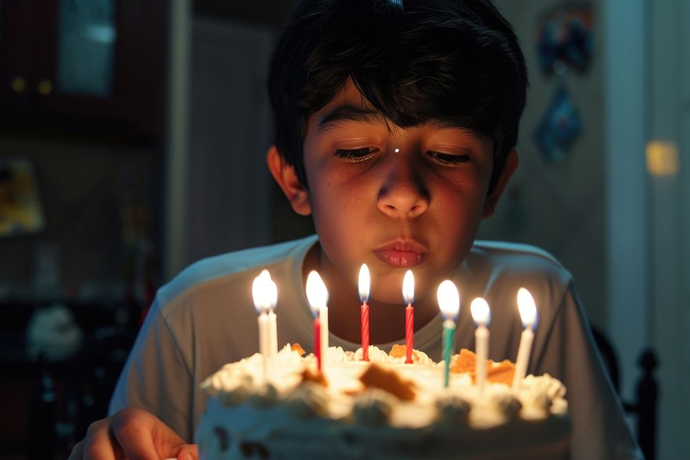 Hispanic teenager boy candle party cake.
