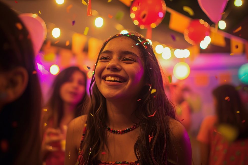 Hispanic teenager girl birthday laughing party.