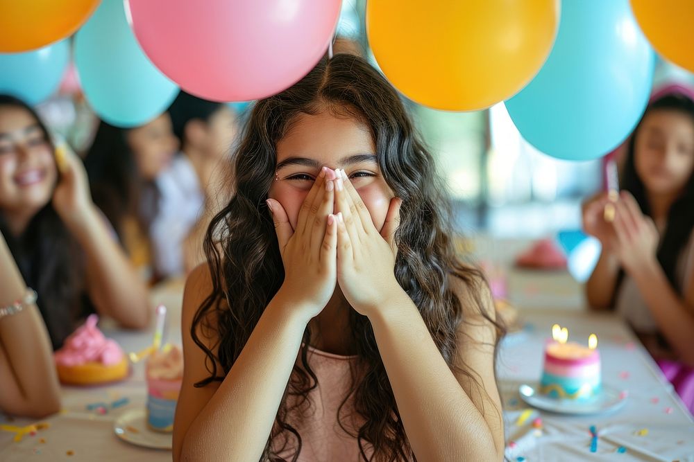 Hispanic teenager girl birthday balloon party.