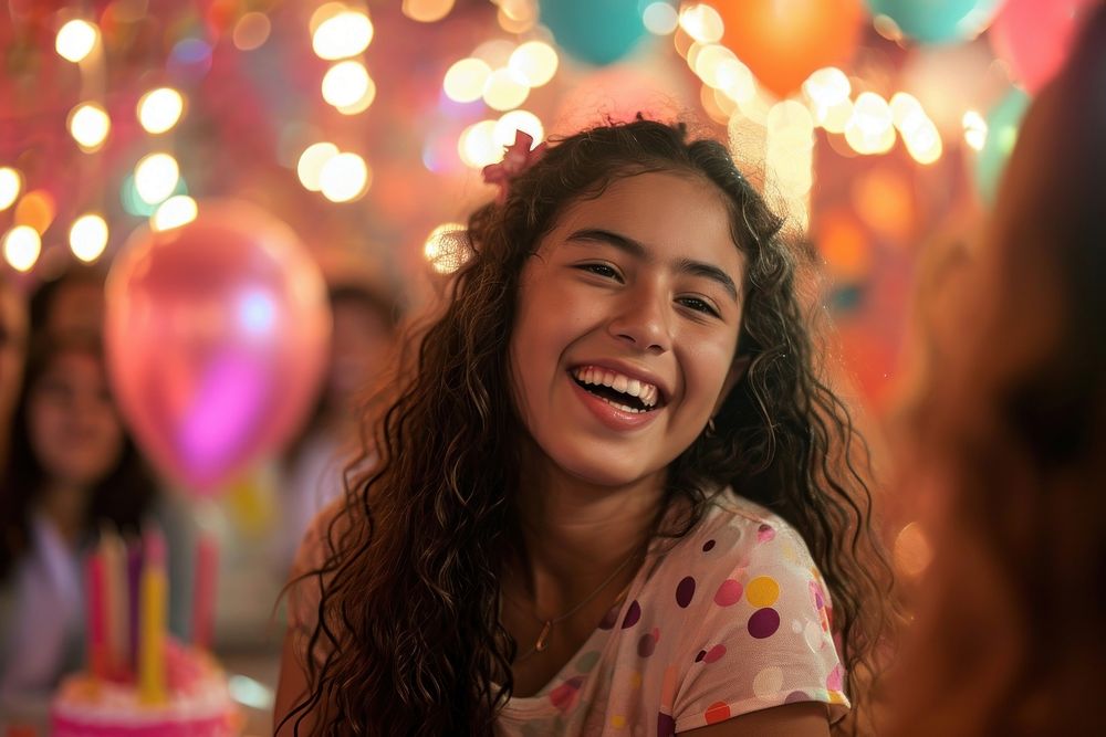 Hispanic teenager girl laughing birthday smile.