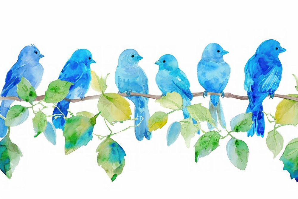 Blue birds and leaves animal nature white background.