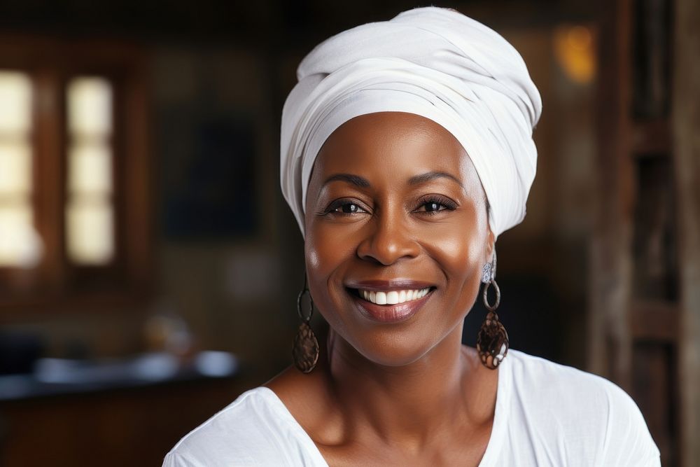 African american woman headscarf portrait smiling.