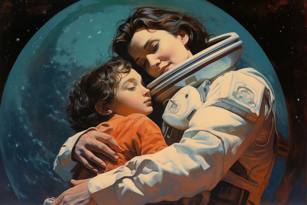 Mom hugging son astronomy painting adult.