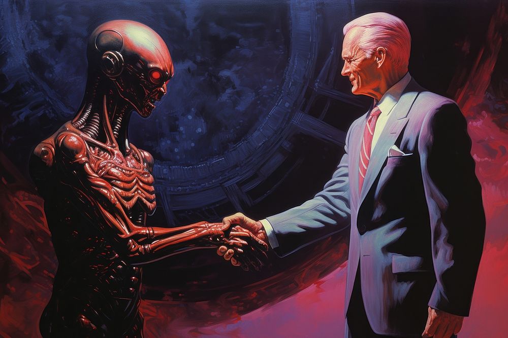 Alien shaking hand with man adult handshake agreement.