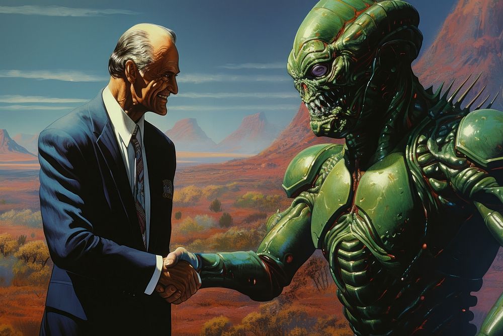 Alien shaking hand with man adult accessories handshake.