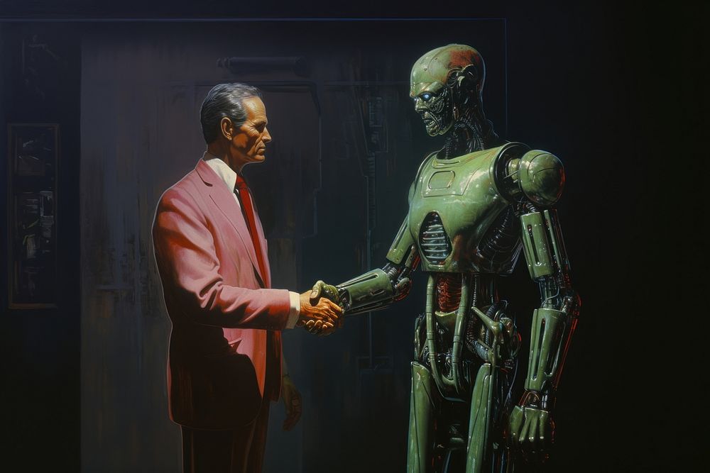 Alien shaking hand with man adult architecture handshake.