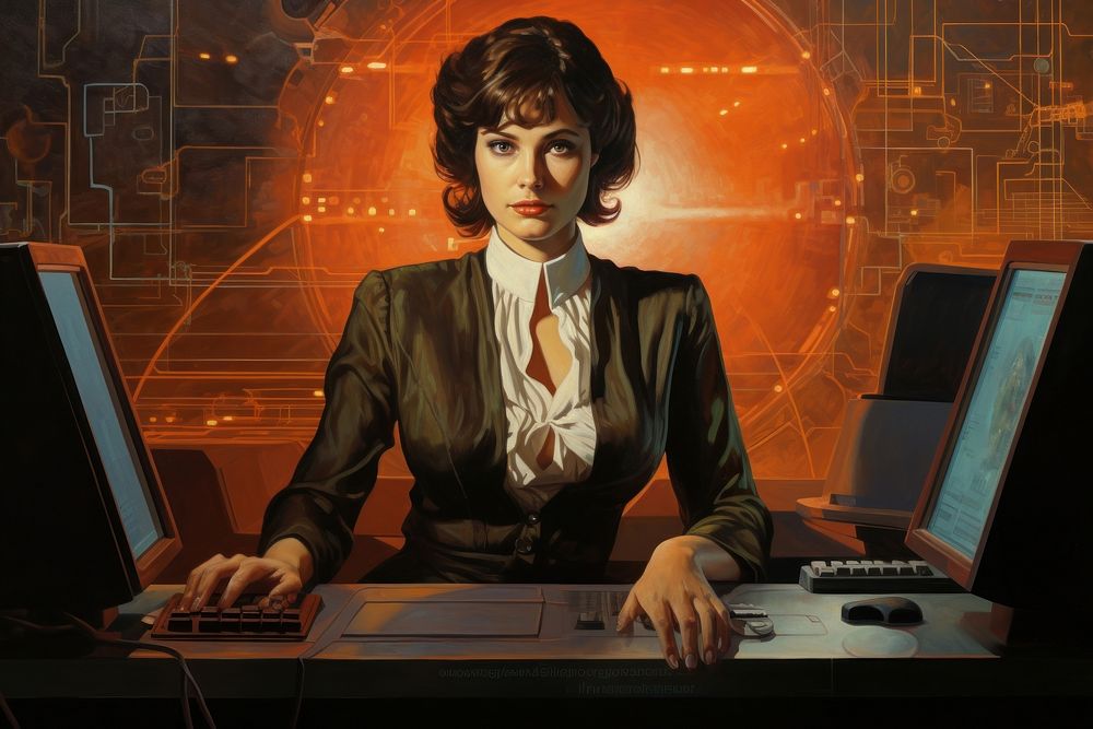 Business woman computer portrait painting.