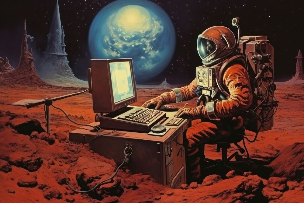 Businessman working with computer on mars astronomy space electronics.